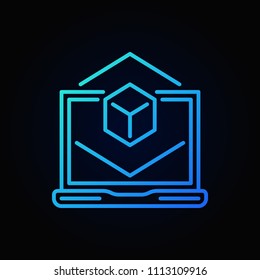 Laptop with cube blue linear icon. Vector AR concept sign in thin line style on dark background