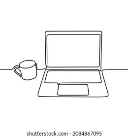 laptop and cup of coffee editable oneline continuous single line art