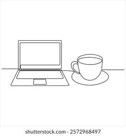 Laptop and cup of coffee editable single line continuous one line art design vector illustration