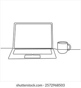 Laptop and cup of coffee editable single line continuous one line art design vector illustration