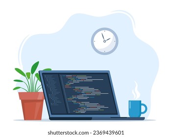 Laptop with cup of coffee and plant in pot. Workplace of coder, online programmer. Coding and programming, developing sites using special language. Vector illustration