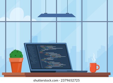 Laptop with cup of coffee and plant in pot. Workplace of coder, online programmer. Coding and programming. Workplace with modern interior, panoramic windows, cityscape behind. Vector illustration