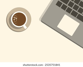 Laptop and cup of coffee, top view. Hot drink, americano, espresso. Work, office. Vector illustration