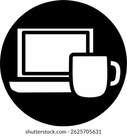 Laptop and cup of coffee. Work from home or  anywhere. Productivity online digital social media blog website design. Simple flat art black and white. 