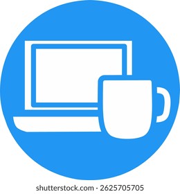 Laptop and cup of coffee. Work from home or  anywhere. Productivity online digital social media blog website design. Simple flat art blue and white. 