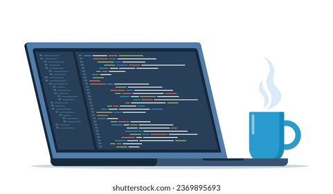 Laptop with cup of coffee. Workplace of coder, online programmer. Coding and programming, developing sites using special language. Vector illustration