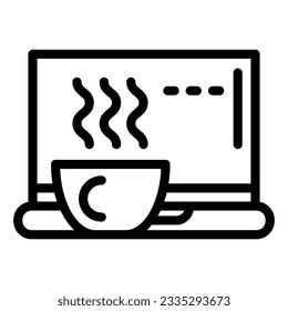 Laptop with cup line icon. Notebook with a mug vector illustration isolated on white. Computer outline style designed for and app. Eps 10.