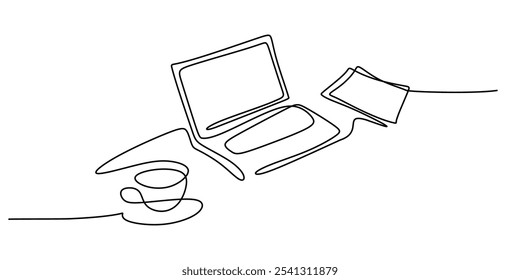 Portátil con una taza y papeles representados en un dibujo continuo de una línea. Concepto de trabajo y oficina. Diseño minimalista dibujado a mano.