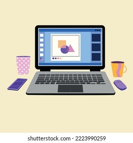 laptop with cup of tea and coffee for web banner