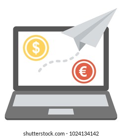 Laptop currency screen with paper plane, online currency transfer concept