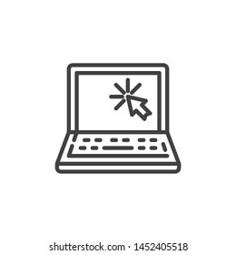 Laptop cursor click line icon. linear style sign for mobile concept and web design. Open laptop computer, notebook and cursor click outline vector icon. Symbol, logo illustration. Vector graphics