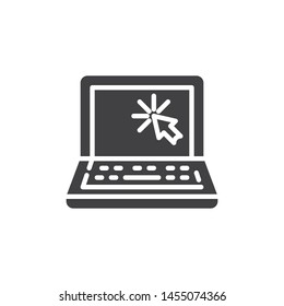 Laptop cursor click vector icon. filled flat sign for mobile concept and web design. Open laptop computer, notebook and cursor click glyph icon. Symbol, logo illustration. Vector graphics
