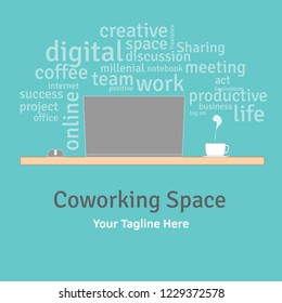 Laptop with cursor and a cup of coffee/ tea  on a table/ desk, front view. With cloud of words in the blue background. Digital/ online work life, or co-working space theme concept