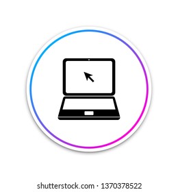 Laptop with cursor icon isolated on white background. Circle white button. Vector Illustration