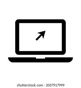Laptop with cursor icon on white backdrop. Pointer arrow symbol. Computer mouse click. Vector illustration. Stock image.