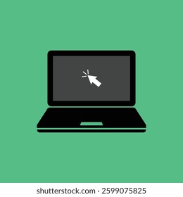 laptop with cursor isolated on green. concept of using a personal mobile computer or search click arrow for website. flat style trend modern simple abstract logotype graphic art design element