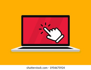 Laptop with cursor on screen. Click in laptop flat vector icon. Arrow, cursor icon on computer screen. Concept of using personal computer. Vector illustration. EPS 10