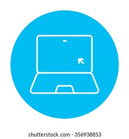 Laptop with cursor on a screen line icon for web, mobile and infographics. Vector white icon on the light blue circle isolated on white background.