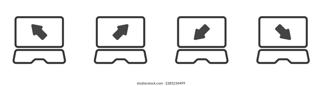 Laptop with cursors vector set. Laptop device icons with arrows vector. Black arrows in a notebook vector. Monitor with an arrow. Arrow screen.