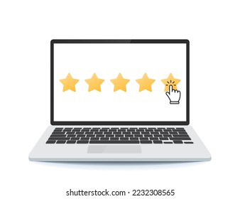 Laptop with customer choice product evaluation in star rating. Computer screen with customer feedback. Five stars customer review