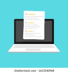 Laptop with customer review rating messages vector illustration, Flat cartoon design of laptop pc display and online reviews or client testimonials, concept of experience or feedback, rating stars