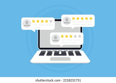 Laptop with customer reviews. Website or application quality service client feedback. Speech bubble, text message, social media comment. Reviews stars with good and bad rate