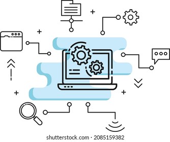 Laptop-Anpassungs- und Konfigurationskonzept, Host-Management-Vektorgrafik-Design, Cloud-Computing und Web-Hosting-Service-Symbol, Computer-Hardware-Stockillustration, Gerät mit Bildschirm-Signierung