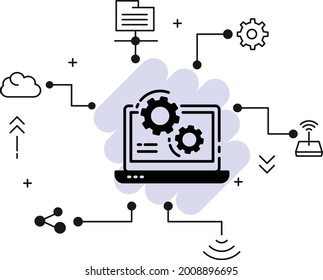 Laptop customization and configuration concept, Host Management Vector Glyph Icon Design, Cloud computing and Web hosting services Symbol, Computer PC Hardward Stock illustration