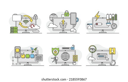 Laptop customization set. Computer repair service, maintenance, technical support concept vector illustration