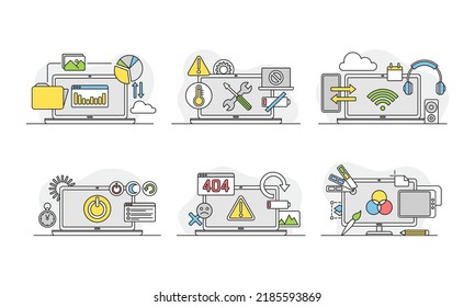 Laptop customization set. Repair, maintenance, restore and configuration concept vector illustration