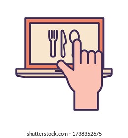 laptop and cutlery line and fill style icon design, Food delivery logistics transportation and shipping theme Vector illustration