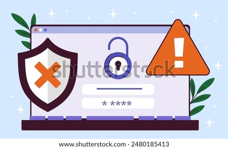 Laptop with cyber attack. Hackers attack at personal data and information, danger on internet. Modern technologies and innovations. Safety and security system. Cartoon flat vector illustration