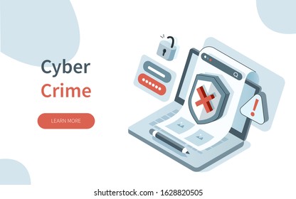 Laptop with Cyber Attack Sign. Identity Theft, Stealing Personal Information and Data. Password Security. Cyber Crime and Internet Criminal Concept. Flat Isometric Vector Illustration.
