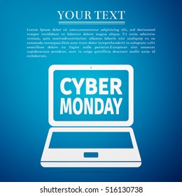 Laptop with Cyber Monday Sale text on screen flat icon over blue background. Vector Illustration