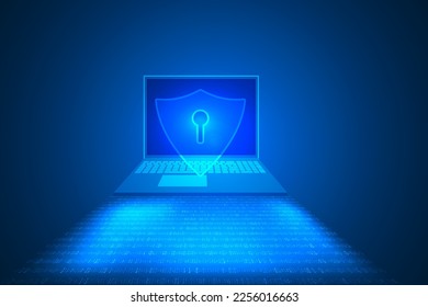 laptop cyber security and top privacy information data technology abstract. High security and protection by binary code background.