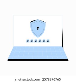 Laptop With Cybersecurity Shield And Password Protection In Flat Vector Illustration Symbolizing Digital Security, Data Encryption, And Safe Login, Isolated On White Background