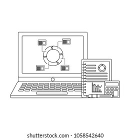 laptop with cycle diagram statistic business chart papers