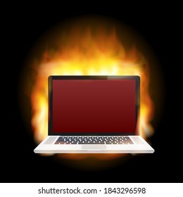 Laptop Damage. Laptop on fire and flames. Computer Repair. Vector stock illustration.