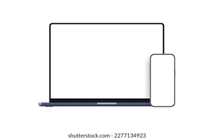 Laptop Dark-Blue, Smartphone With Blank Screens, Isolated on White Background. Vector Illustration