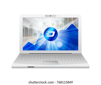 Laptop with dash cryptocurrency in the bright rays on background with statistics chart showing various visualization on  screen