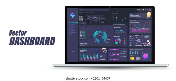 Portátil con simulación de tablero. Panel de administración con gráficos, gráficos, infografía, elementos 3D e interfaz de usuario, UX, KIT. Panel azul con análisis de negocio y datos en línea. panel de administración de plantillas de vector 3D