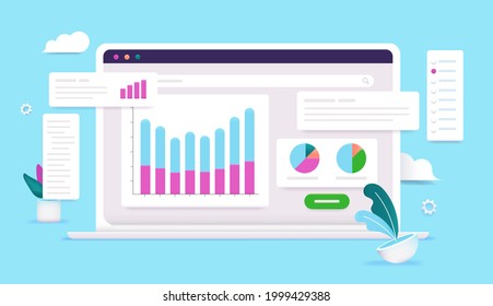 Laptop with data analytic tools - Computer screen with graphs and charts on blue background. Internet analysing concept, vector illustration.