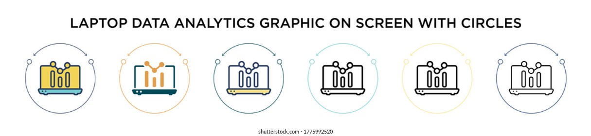 Laptop data analytics graphic on screen with circles icon in filled, thin line, outline and stroke style. Vector illustration of two colored and black laptop data analytics graphic on screen with 