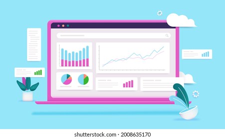 Laptop with data analytics software - Computer screen with graphs and charts on blue background. Internet analysing concept, vector illustration
