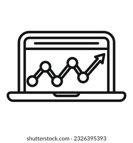 Vector de contorno de icono de gráfico de datos de portátiles. Investigación empresarial. Informe de estudio