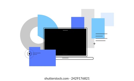 Laptop and data. PC and data science. Simple flat illustration, infographic element. Vector file.