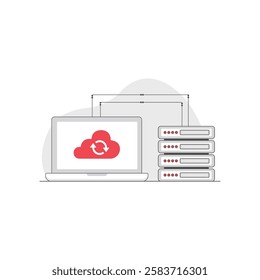 Laptop with Data Server Vector Illustration. Data Synchronization Concept Design	
