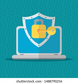 laptop data shield protection key technology internet security vector illustration