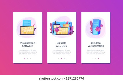 Laptop with data visualization software and developers working. Big data visualization, big data analytics, visualization software concept. Mobile UI UX GUI template, app interface wireframe