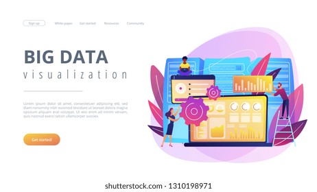 Laptop with data visualization software and developers working. Big data visualization, big data analytics, visualization software concept. Website vibrant violet landing web page template.